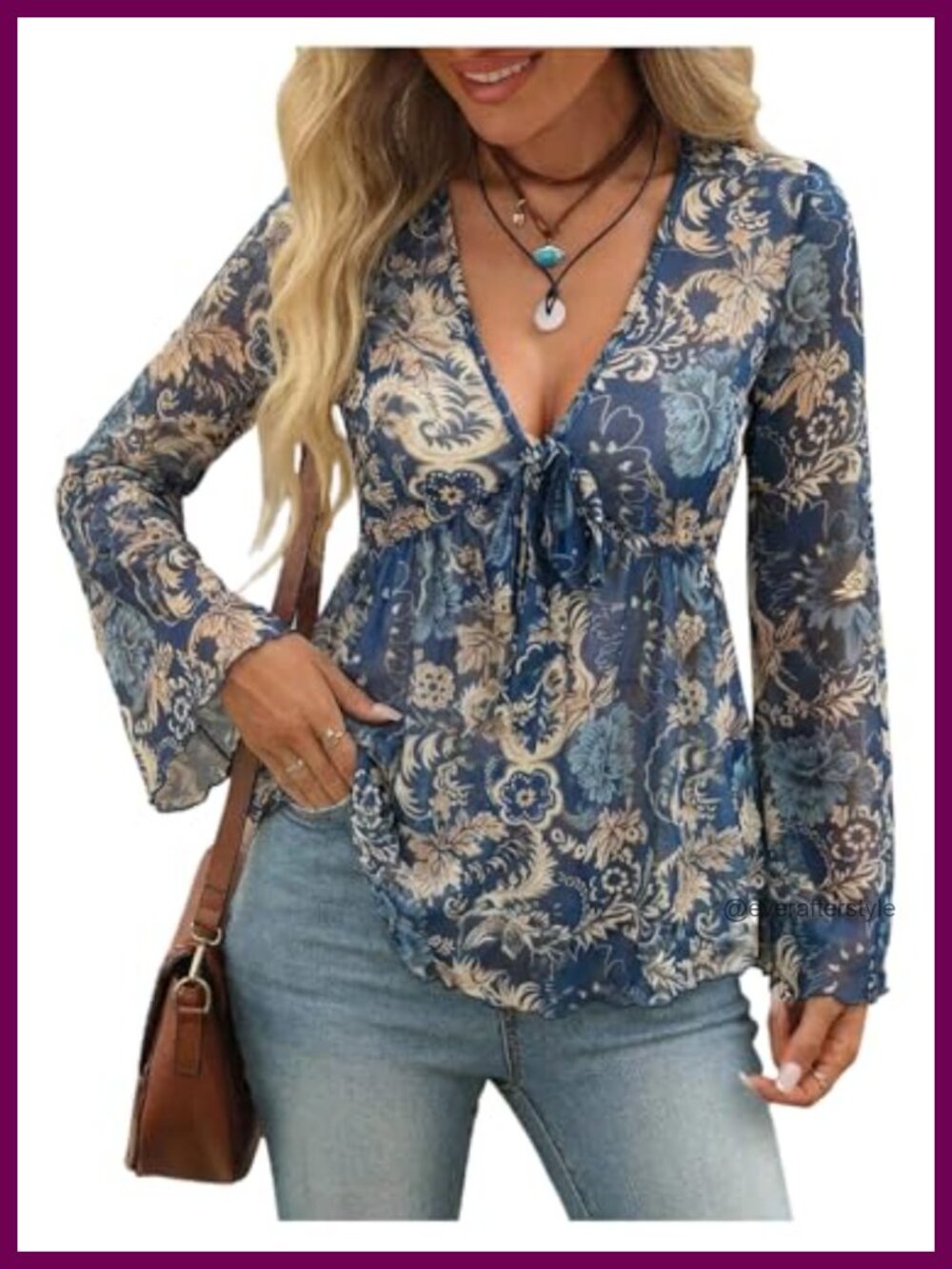 Boho Paisley Bell Sleeve Mesh Peplum Top Floral V Neck Blouse